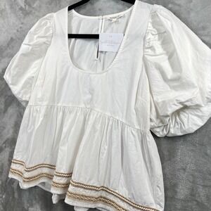 NEW Wishlist‎ Arabella Babydoll Top Large White Boho Puff Sleeve Embroidered Hem